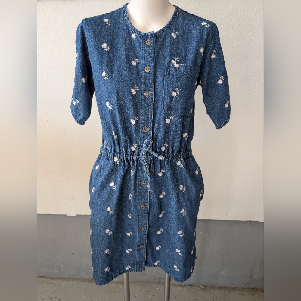 Cold Water Creek Denim Dress Tir Front Short Sleeve Midi Length Size 10